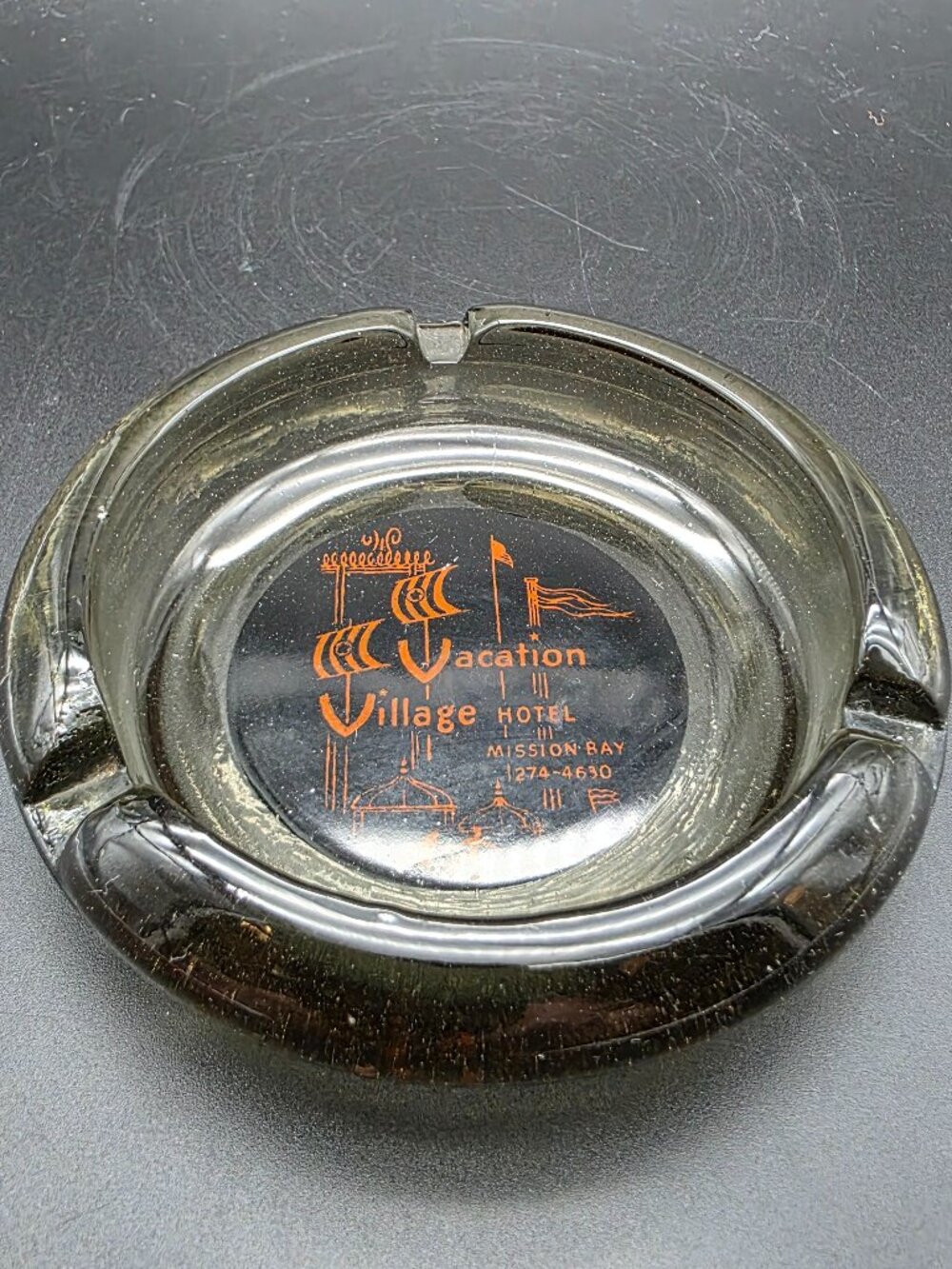 Vintage Vacation Village Hotel Ashtray Green Glass San Diego Mid Century 60s